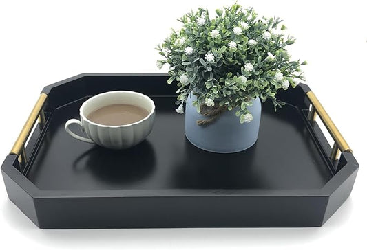 Serving Tray with Polished Metal Handles, Hexagon Coffee Table Tray, Modern Rectangle Decorative Tray, Large Ottoman Tray, Perfect for Storage and Display (Black Rectangle)