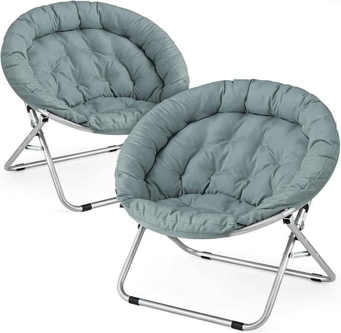 Athena Collection Comfy Saucer Chair, Folding Oversized Cozy Chair for Bedroom Living Room Fabric Reading Chair, Foldable Metal Frame Round Moon Chair for Adult Set of 2, Teal