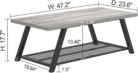 FOLUBAN Industrial Coffee Table, Rustic Wood and Metal Center Table with Storage, Modern Rectangle Cocktail Tea Table for Living Room Office, Light Grey, 47 Inch