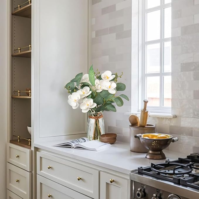 White Orchids Artificial Flowers with Vase Fake Flowers in Vase Artificial Eucalyptus Stems in Glass Vases with Faux Water Faux Orchid with Eucalyptus Leaves Arrangement for Dining Table Centerpiece