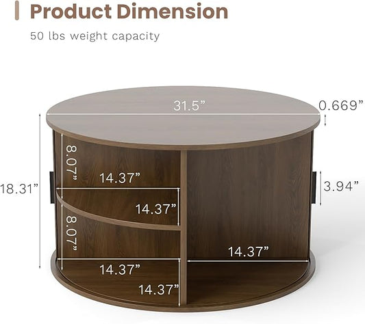 SoarFlash 31.5 Inch Fluted Coffee Table with Storage, Mid Century Modern Round Coffee Table with Shelf, Center Table with Sliding Door and Wood Fluted Handle for Living Room, Walnut