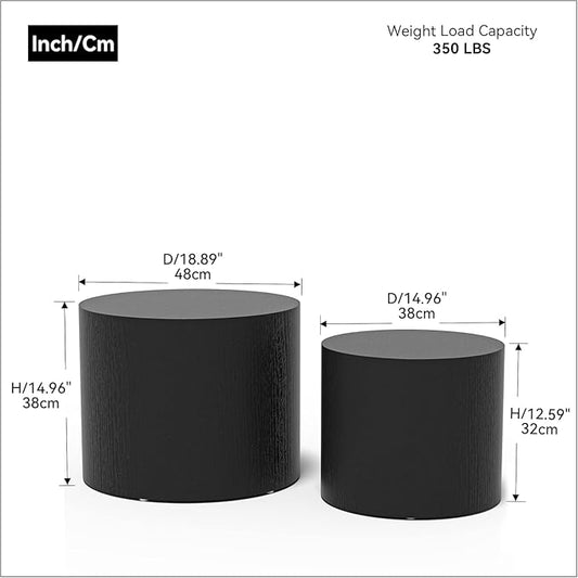 KEVINSPACE Coffee Table Nesting Tables Set of 2, Small Modern Round Coffee Table with Non-Slip Feet, Wooden Circle Accent Tables for Small Spaces Living Room Bedroom Balcony Drum Side Table Black