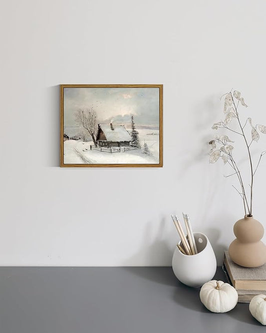 ARPEOTCY Vintage Cottage Framed Canvas Wall Art Prints, 8x10in, Winter Snow Antique Farmhouse Art Room Decor, Christmas Gifts, Rustic Winter Oil Paintings for Living Room Bedroom Bathroom