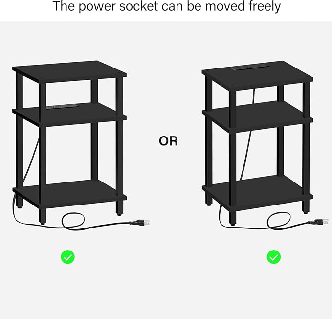 TUTOTAK End Table with Charging Station, Side Table with USB Ports and Outlets, Nightstand, 3-Tier Storage Shelf, Sofa Table for Small Space TB01BK042