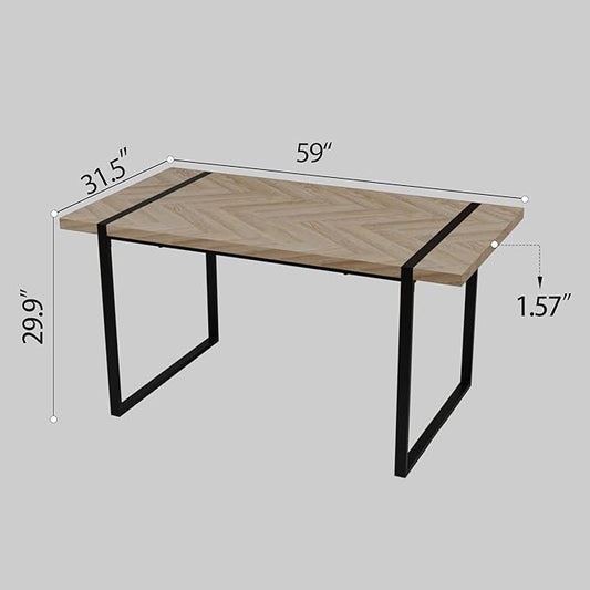 Modern Wooden Dining Table, 59'' Wooden Rectangle Table, Dining Room Table for 4-6, Modern Kitchen Dining Table with Black Metal Legs for Living Dining Kitchen Room(Light Wood)