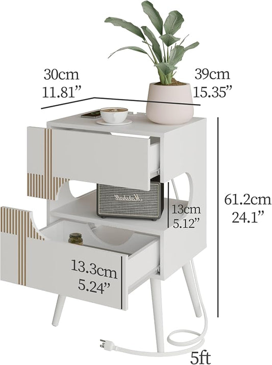 White Nightstand with Charging Station and LED Lights,Modern Bedside Table with 2 Storage Drawer,Night Stand with Solid Wood Legs,White (White-2)