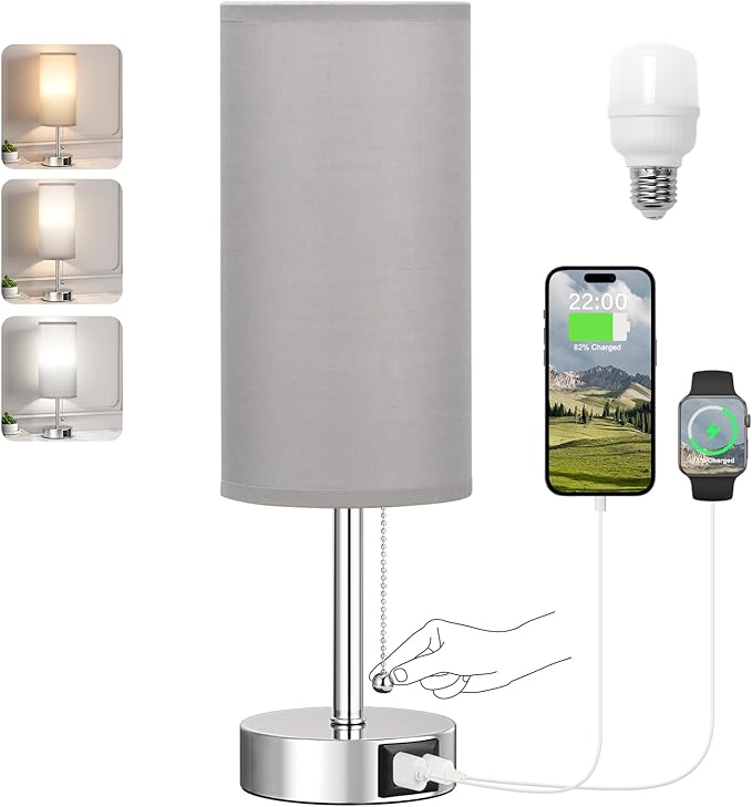 Grey Table Bedside Lamp for Bedroom Nightstand - Small Silver Lamp with USB A + C Charging Port, 3 Color Temperatures Pull Chain Night Stand Light with Bulb, Side Table Desk Lamp for Living Room