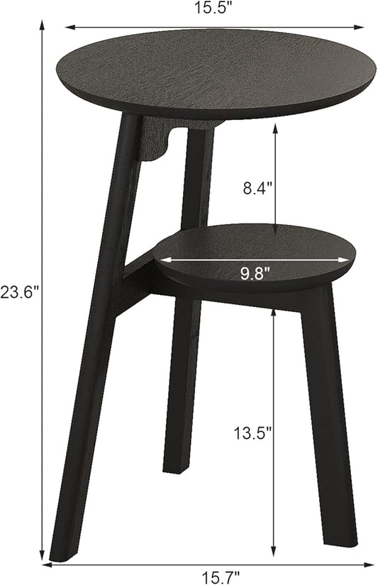 ChooChoo Round End Table for Small Spaces, Narrow Side Table, Accent Table Night Stand with 2 Tier Shelf for Bedroom and Living Room, Black
