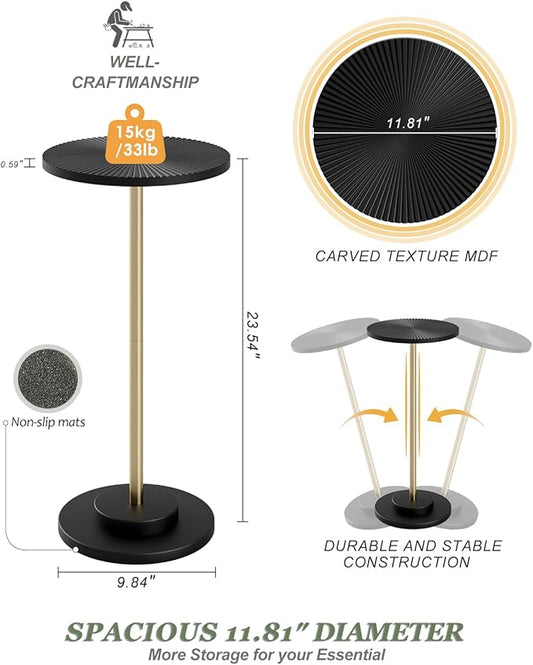 Round Side Table, Small Drink Table for Small Spaces, Modern Accent End Table with Metal Leg for Living Room, Bedroom, Corners, and Office (Black Gold)