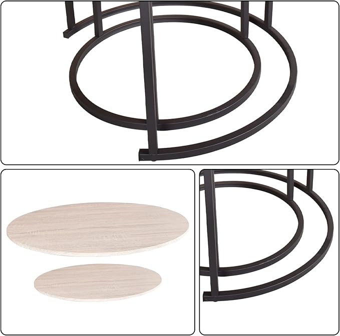 Round Coffee Tables Nesting Side Set of 2 End Tables for Living Room,Round Table with Solid Powder-Coated Metal Frame Natural Wood Color
