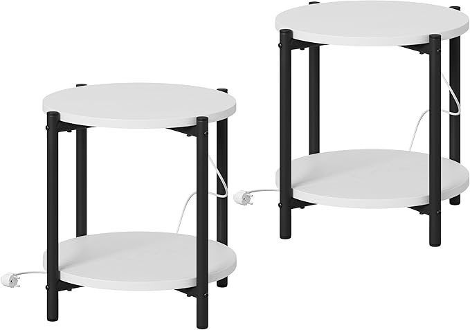 LIKIMIO Round End Tables, Set of 2, 16" W Small Round Side Tables with Charging Station, 2-Tier Modern Nightstands for Small Spaces, Living Room, Bedroom, White