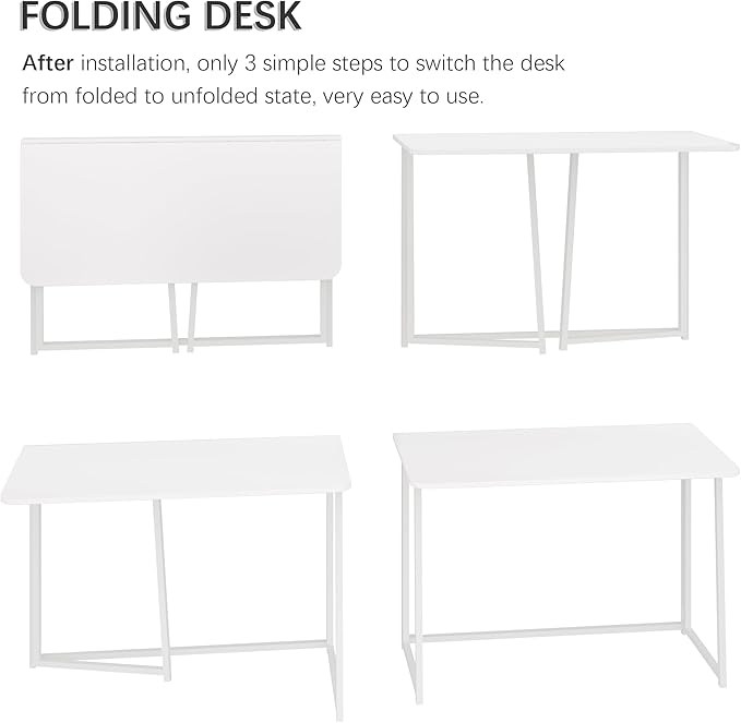 4NM 39.4" Small Folding Desk, Foldable Computer Home Office Desk, Study Writing Table for Small Space Saving Bedroom, Easy Assembly - All White