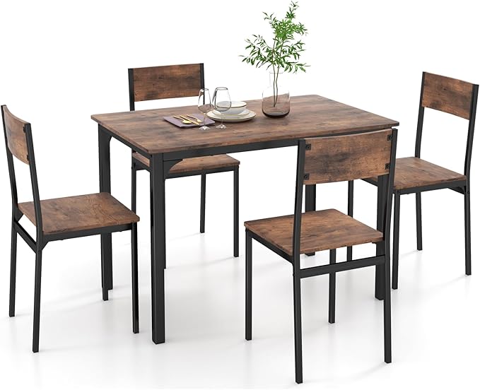 GOFLAME 5-Piece Dining Table Set, Industrial Kitchen Table and Chairs for 4 with Backrest and Metal Frame, Rectangular Space-Saving Dinette Set for Dining Room, Apartment, Small Space, Rustic Brown
