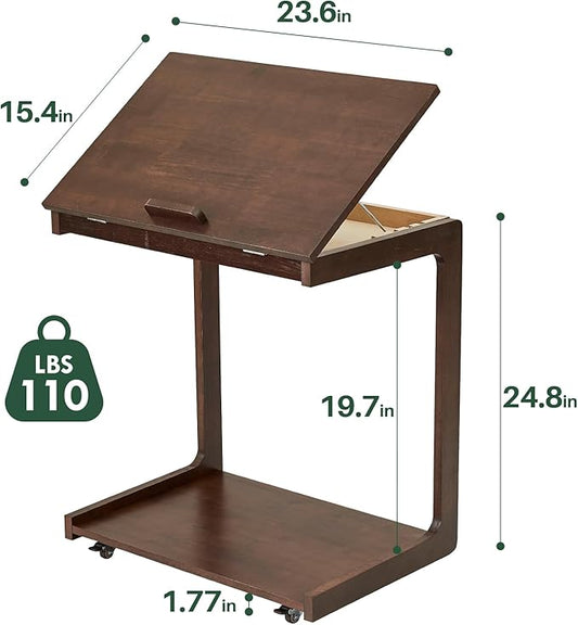 C Shaped Rolling End Table with Wheels - Solid Wood Side Table for Couch, Wooden Modern Tv Tray Bedside Tables for Sofa Armchair Living Room Bedroom, Brown, 15.4 in x 23.6 in x 24.8 in