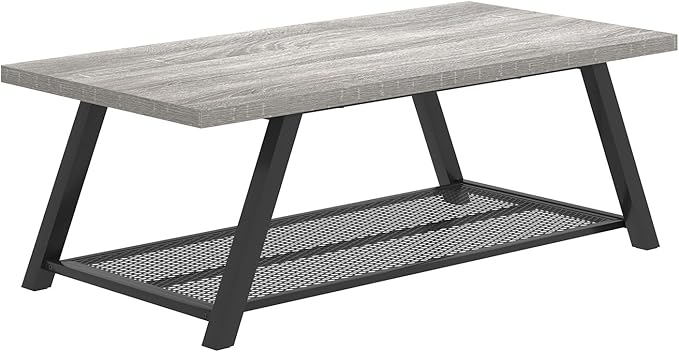 FOLUBAN Industrial Coffee Table, Rustic Wood and Metal Center Table with Storage, Modern Rectangle Cocktail Tea Table for Living Room Office, Light Grey, 47 Inch