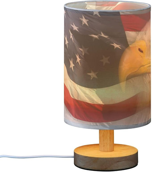 Table Lamp Bald Eagle American Flag Patriotic USA Pattern Nightstand Lamp with Wood Base Fabric Lamp Shade Bedside Desk Lamp for Living Room Bedroom Kids Room Office