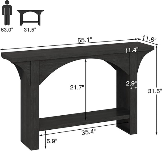 55 Inches Console Table,2 Tier Farmhouse Entryway Table,Narrow Wood Accent Tables with Storage Shelves for Living Room,Entrance,Hallway,Foyer (Black)