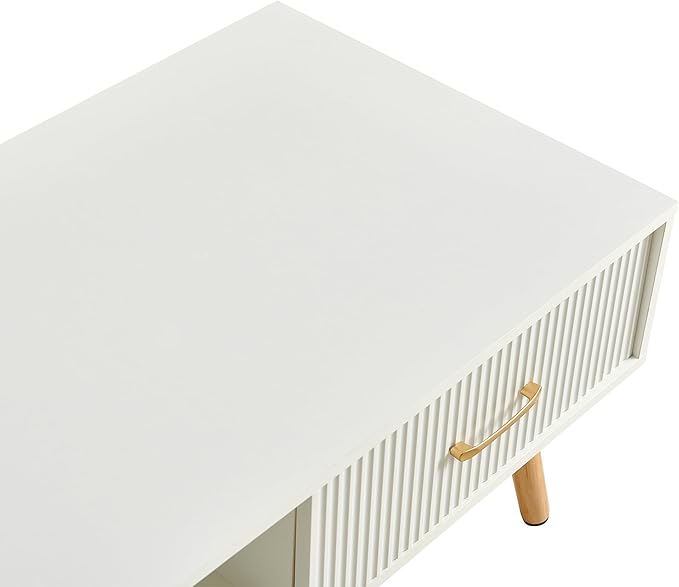 IANIYA Boho Coffee Table with Storage, Dining Table with Rattan Drawer and Solid Wood Legs, Small Center Tables for Living Room Small Space(All White)