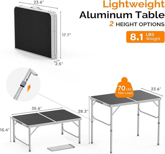 VINGLI 3FT Small Camping Table Adjustable Height Aluminum Folding Table for Picnic Party BBQ, Plastic RV Suitcase Table Portable Lightweight Fold Up Utility Outdoor Tables with Carrying Handle …