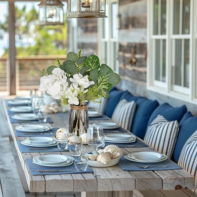 White Orchids Artificial Flowers with Vase Fake Flower in Vase Artificial Eucalyptus Stems in Glass Vases with Faux Water Faux Orchid with Evergreen Plant Arrangement for Dining Table Centerpiece