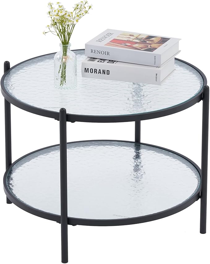 VINGLI 25.6" Small Matte Black Round Coffee Table Water-Wave Glass Circle Clear Coffee Table, Center Table with 2-Tier Modern Storage Design for Living Room, Bedroom, Meeting Room, Balcony, Patio