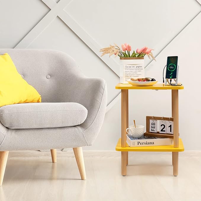 FORAOFUR Side Table, End Table with Charging Station, Small Bedside Table Side Table for Any Spaces, Minimalist Small End Table Living Room, Bedroom & Office with Two-Tier Open Storage