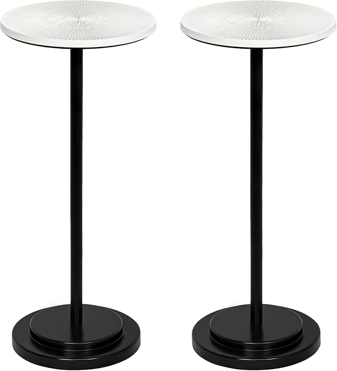 Drink Table Set of 2, Weighted Base Pedestal Table, Martini Table,Small Side Table with Wooden Carved Table Top for Living Room, Bedroom, Modern, White and Black