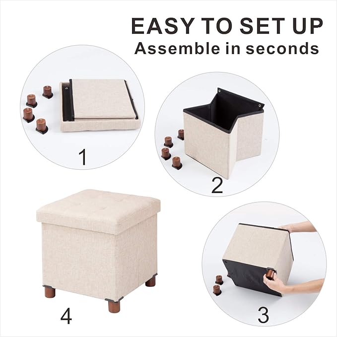 15 Inch Storage Ottoman with Wooden Legs - Cube Foot Rest Stool, Square Footstool, Comfortable Seat with Lid, Foldable Fabric Ottoman, Space-Saving Beige