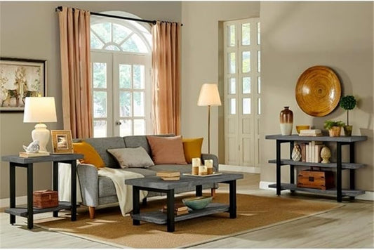 Alaterre Furniture Pomona Metal and Wood 2-Tier End Table, Living Room Furniture, Rustic, Natural Finish with Solid Wood, 2 Shelves in Slate Gray