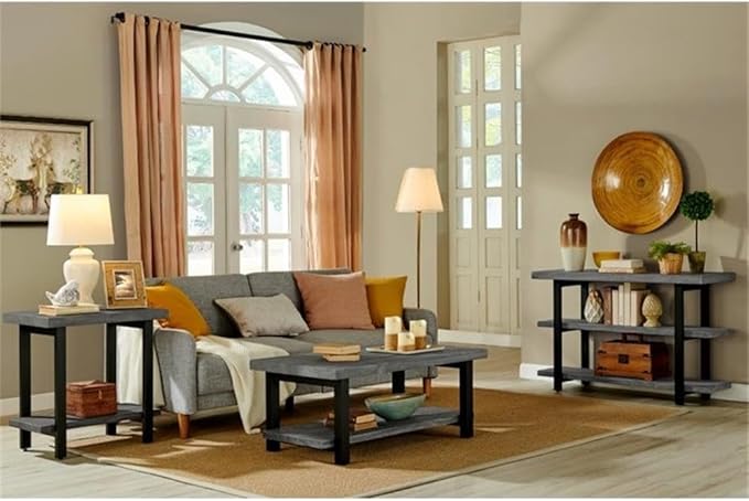 Alaterre Furniture Pomona Metal and Wood 2-Tier End Table, Living Room Furniture, Rustic, Natural Finish with Solid Wood, 2 Shelves in Slate Gray