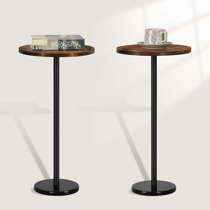 smusei Set of 2 Small Side Table for Small Spaces 2 Packs Drink Table Round Pedestal Side Tables with Marble Base for Sofa Couch Chair Patio, Brown and Black