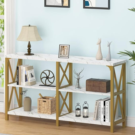 IBF Modern 3 Tier Entryway Table, Industrial Metal Wood TV Console Table with Storage Shelves, Farmhouse White Faux Marble and Gold Sofa Accent Table for Hallway Entry Way Foyer Living Room, 55 Inch