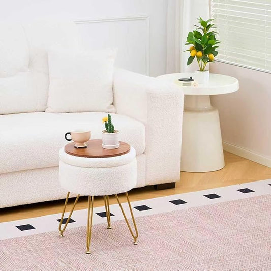 Wimarsbon Storage Ottoman,Teddy Velvet Vanity Stool,Soft Padded Seat,Round Footrest with Removable Cover and Adjustable Legs,Modern Decorative Accent Footstool or End Table for Hallway (White)