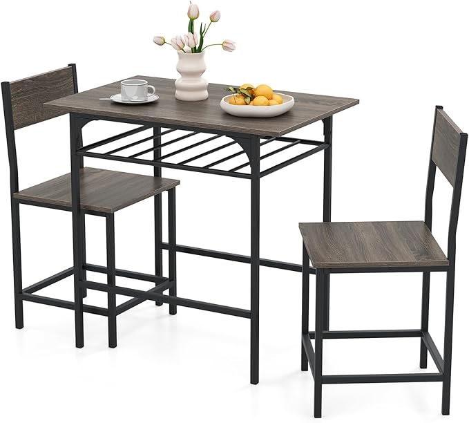 GOFLAME 3-Piece Dining Table Set for 2, Rectangular Wood Kitchen Table & Chair Set with Metal Frame, Storage Rack, Space-Saving Dinette Set for Breakfast Nook, Dining Room, Small Space, Grey