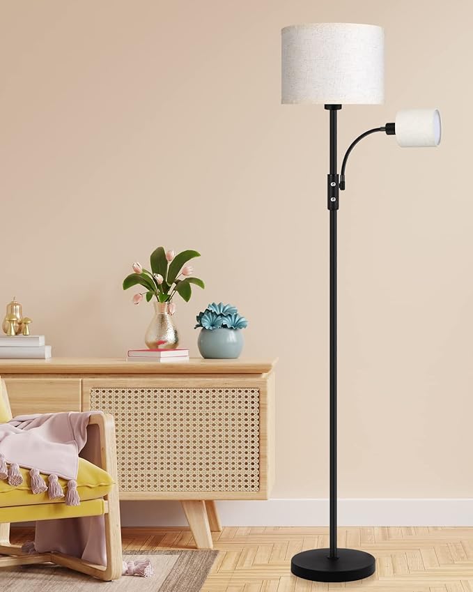 Floor Lamps for Living Room, Modern Floor Lamp with Reading Lamp(9W, 4W), 3 Color Temperature LED Bulbs, 62" Tall Standing Lamp, Beige Lampshades, Simple Pole Lamps for Bedroom/Office/Kids Room/Den