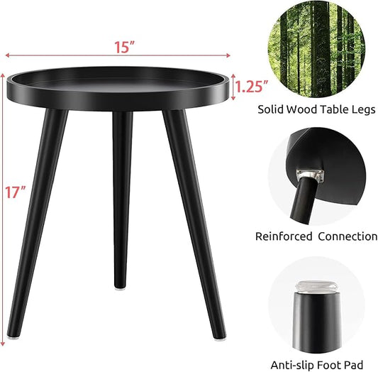 Apicizon Black Round Side Table, Tray Nightstand Sofa Coffee End Table for Living Room, Bedroom, Small Spaces, Easy Assembly Bedside Table, 15 x 18 Inches, Black