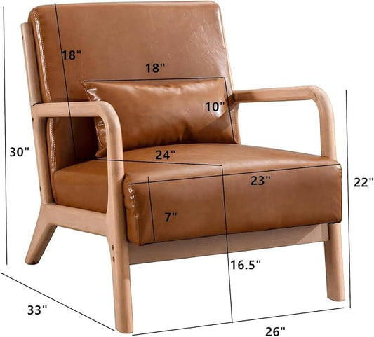 INZOY Mid Century Modern Accent Chair with Wood Frame, PU Leather Reading Armchair with Waist Cushion, Upholstered Living Room Chairs for Bedroom Sunroom (Camel)