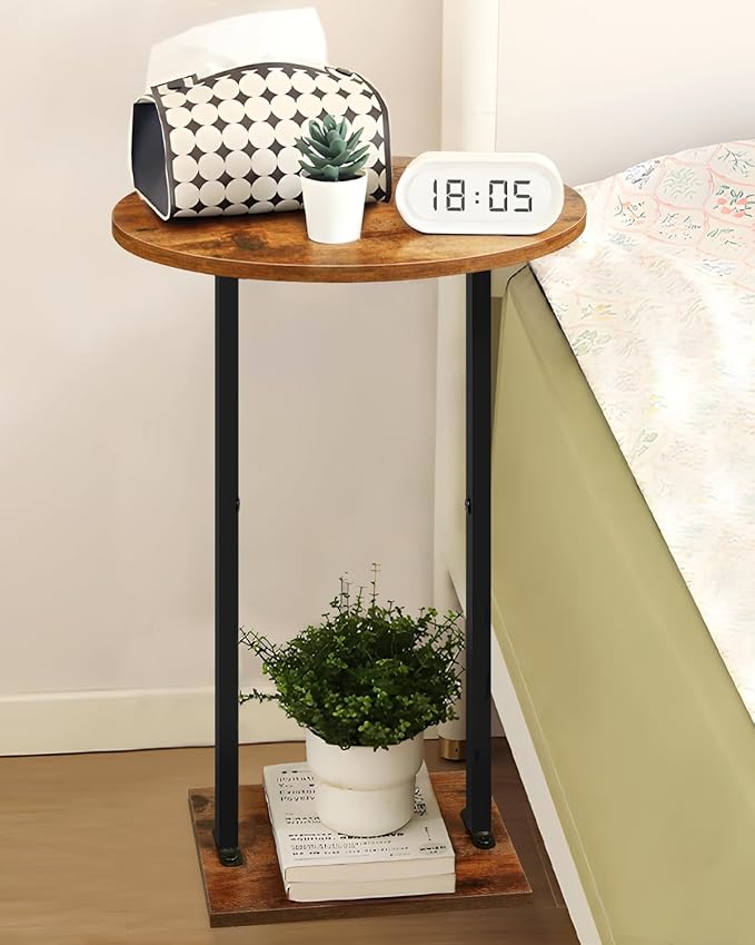 Eufrozy Small Side Table for Small Spaces, 24 inch Wooden Round End Table with Fabric Basket, Wood Accent Table for Couch Sofa Drink Sidetable Living Room Bedroom Rustic