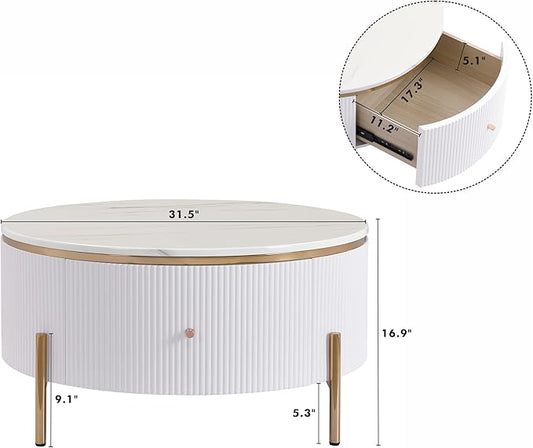 31.5" Round Coffee Table with Storage, Modern Round Coffee Table with 2 Drawers Storage Accent Table Round Black End Table for Living Room,White