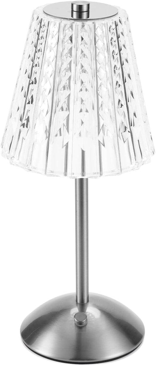 Cordless Touch Table Lamp, LED Rechargeable Small Dask Lamp, 3 Colors Dimmable Battery Operated Crysta Lamp for Bedroom Restaurant Kitchen Home Decor,Silver