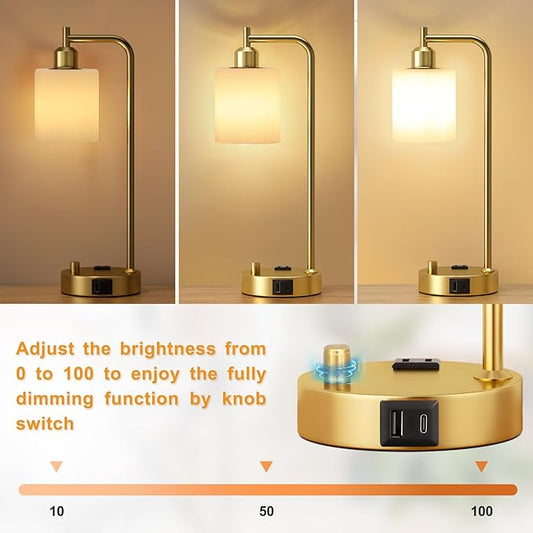 Innqoo Industrial Table Lamps for Bedroom Set of 2 - Fully Dimmable Bedside Lamps with USB Ports and Outlet, Gold Nightstand Lamps with Opal Glass Shade for Living Room, Desk Lamps for Office Reading