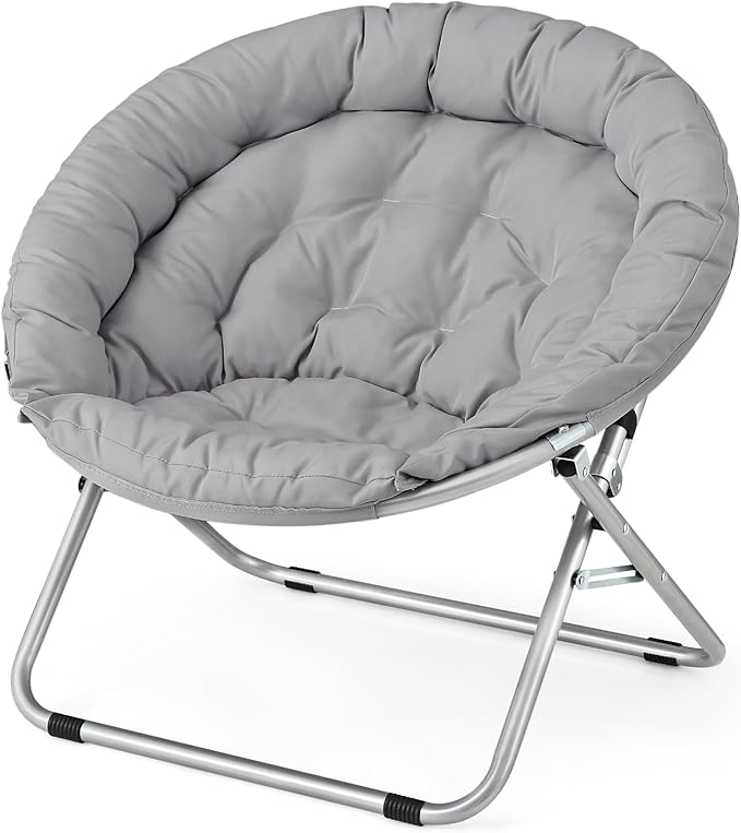 Athena Collection Comfy Saucer Chair Folding Cozy Chair for Bed Room Living Room Accent Chair Fabric Reading Chair Foldable Metal Frame Lazy Chair Moon Chair for Adult, Gray