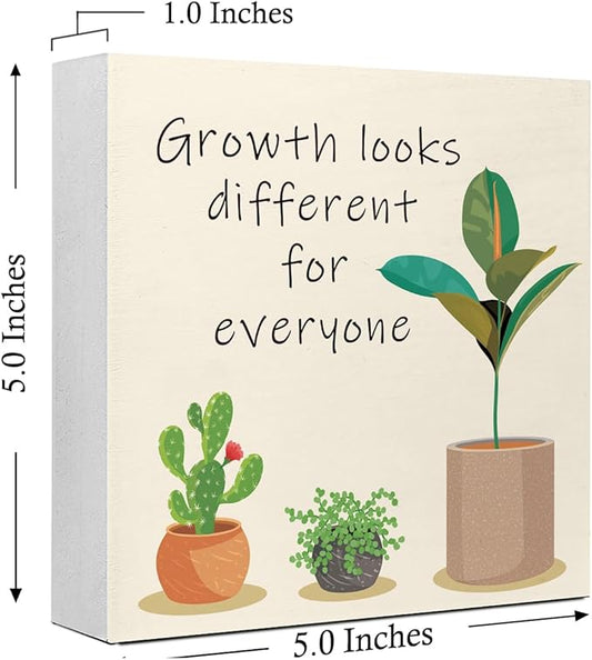 LVQHI Inspirational Wood Block Sign,Growth Looks Different for Everyone Plant Motivational Wooden Block Sign for Home Bedroom Office Desk Table Decor,Inspirational Cheer Up Gift Red