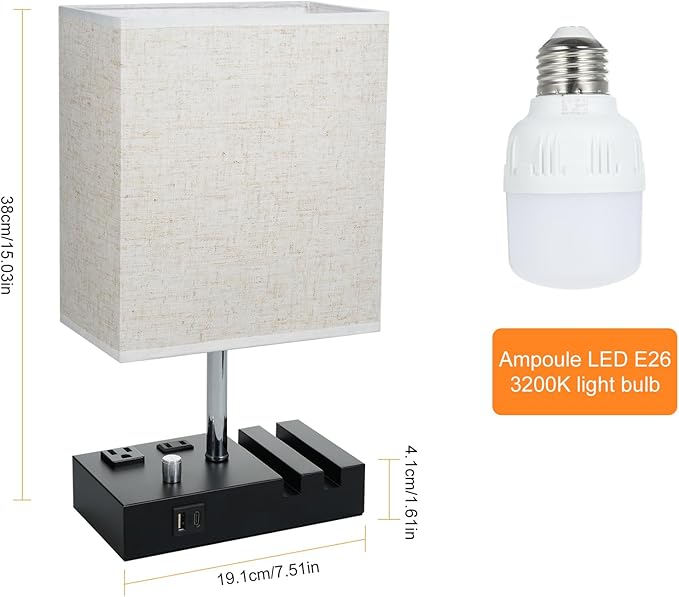 Nightstand Lamp for Bedroom with USB A + C Ports, Small Bedside Table Lamp with Charging Outlets and Phone Stands, 3 Color Temperatures Night Stand Light with Bulb for Living Room