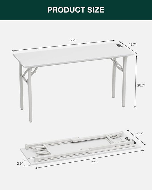 Frylr Small Folding Computer Desk – 55.1 Inch Portable Table for Craft and Study, Lightweight Desk for Small Spaces, Foldable Laptop Table Built-in AC/USB Outlets for Convenience, White