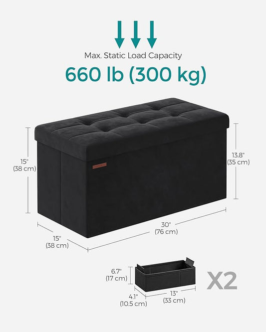 SONGMICS Mazie Collection - Storage Ottoman Bench, Foldable Foot Rest, 15 x 30 x 15 Inches, End of Bed Bench, Storage Chest, Load 660 lb, Living Room, Bedroom, Entryway, Ink Black ULSF247B01