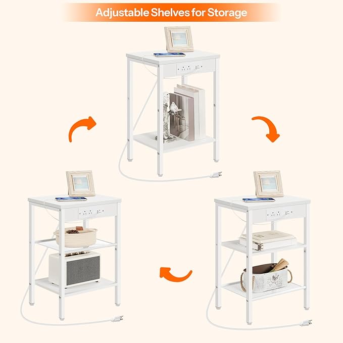 HOOBRO Side Tables Set of 2 with Charging Station and USB Ports, Small End Tables for Small Space, 3-Tier Nightstands with Adjustable Shelf, for Living Room, Bedroom and Balcony, White WW112BZP201