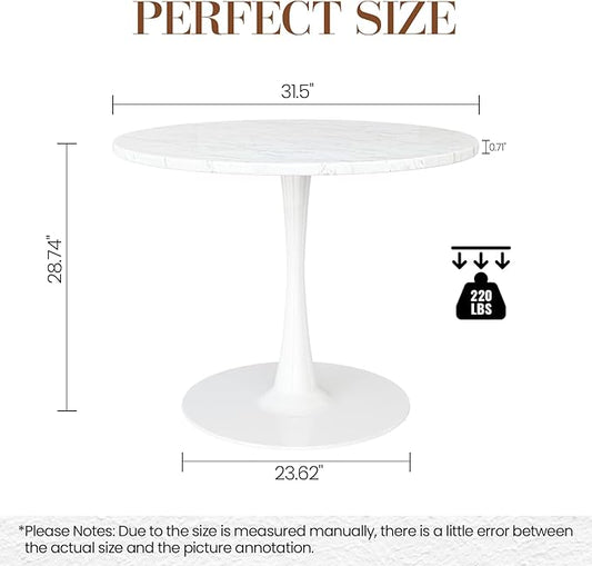 DKLGG White Marble Round Dining Table, 31.5" Tulip Kitchen Dining Table 2-4 People with MDF Top & Pedestal Base, Mid-Century End Table Leisure Coffee Office Living Room Table
