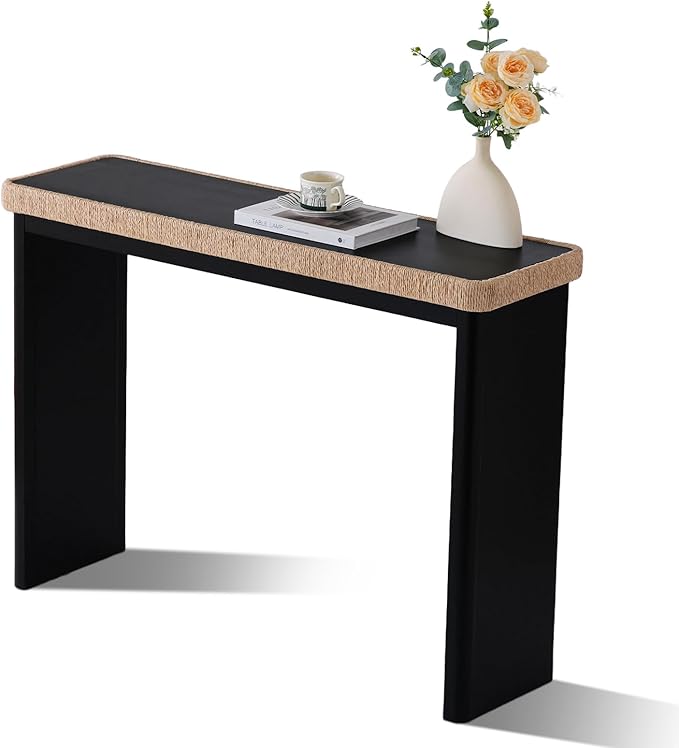 43" Wood Console Table for Entryway, Farmhouse Narrow Entry Tables with Rattan Decor, Boho Skinny Couch Table Behind Sofa for Living Room, Hallway, Foyer, Black