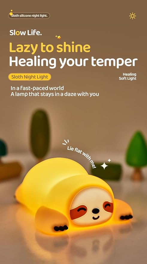 Cute Sloth Night Light, Animal Lamp, Food Grade Silicone, Rechargeable, 3 Level Dimmable, Squishy Nursery Nightlight for Desk Decor, Funny Gifts Stuff for Boys Girls Baby, White Elephant Gifts